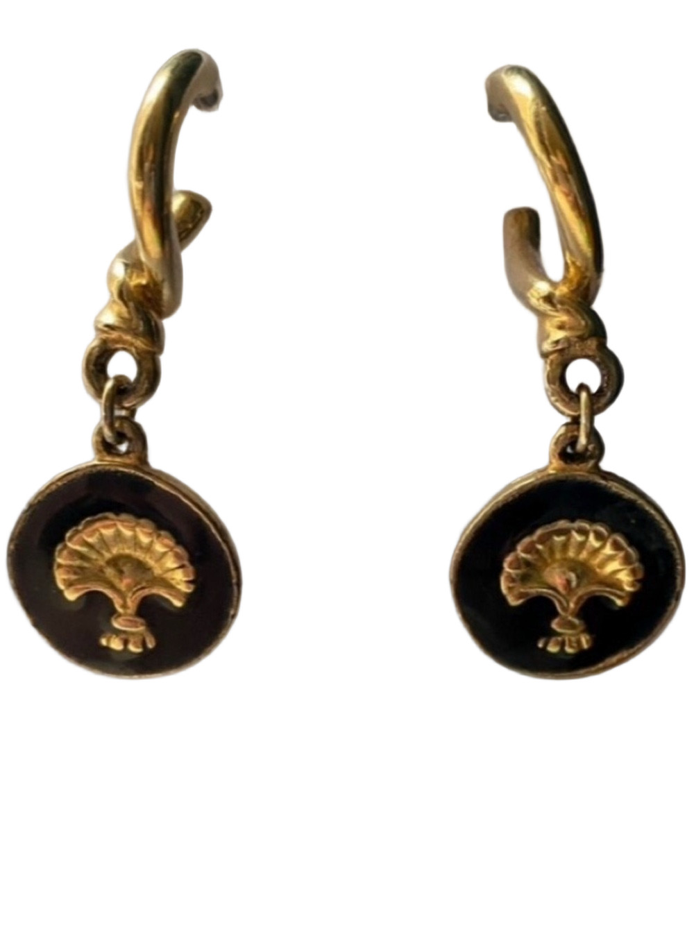 Sara Coventry Signed Gold + Black Palmette Deco Inspired Drop Pierced Earrings